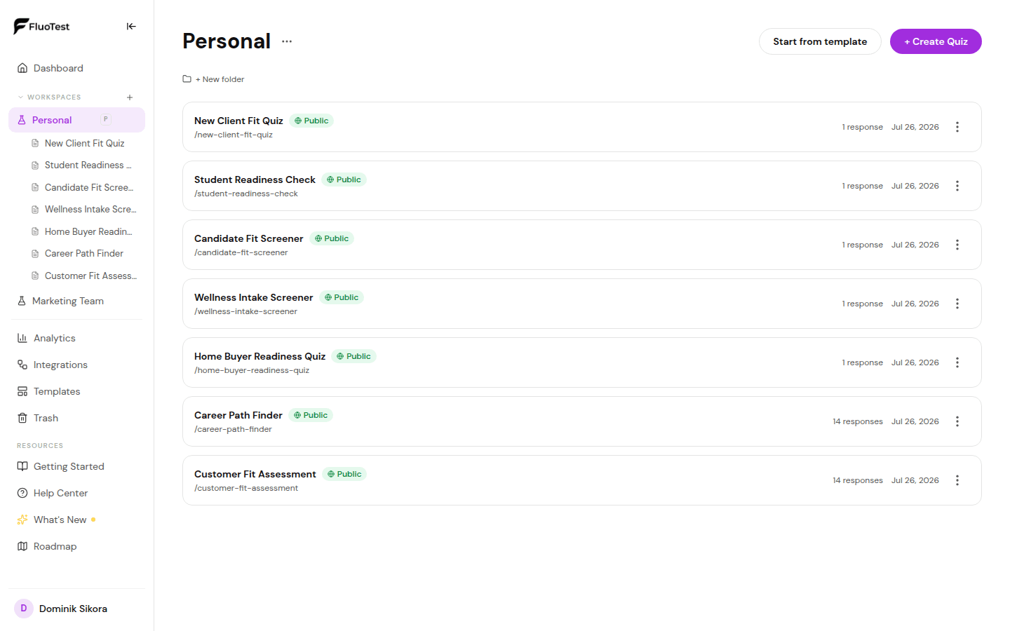 FluoTest dashboard showing a list of quizzes
